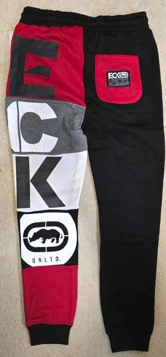 Ecko Unltd Mens Medium Black Red Gray Colorblock Fleece Jogger Sweatpants NWT