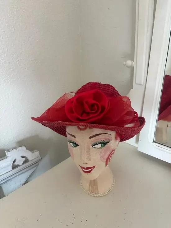 Vintage Women’s Red 100% Straw Wide Brim Hat with Rose and Tulle Accent