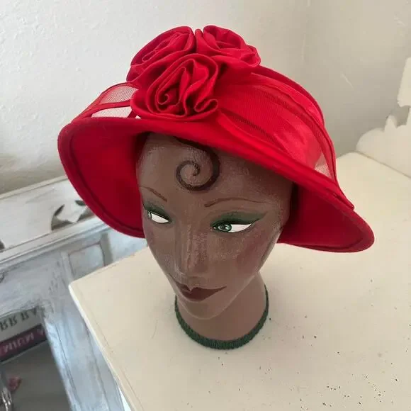 Vintage Women’s Red Hat Satin Rosettes Netting