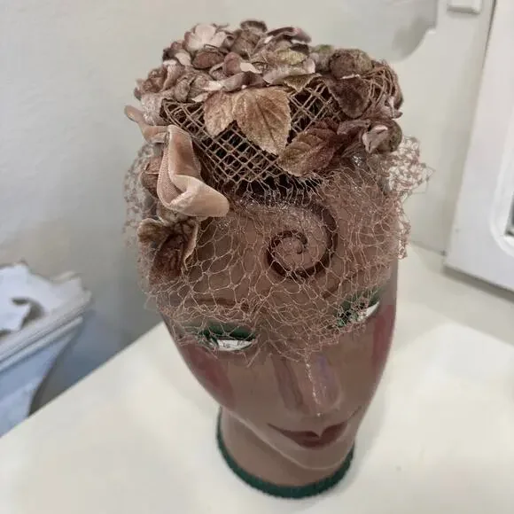Lenore Marshall Women’s Cap Brown Velvet Floral Net Veil Hat Taupe 1950s