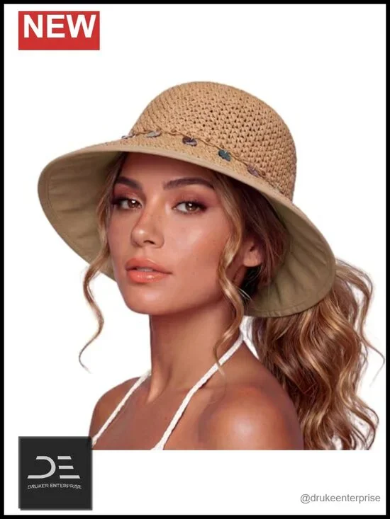 Straw Bucket Sun Hat with Cool Sweatband & Ponytail Opening UPF 80+