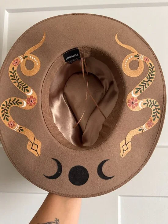 Hand-Painted Olive & Pique Wool Hat w/ Custom Artisan Snake & Moon Design