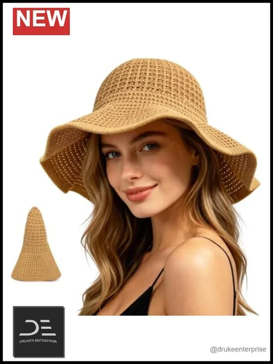 Handwoven Straw Sun Hat with UV Protection, Packable Floppy Wide Brim