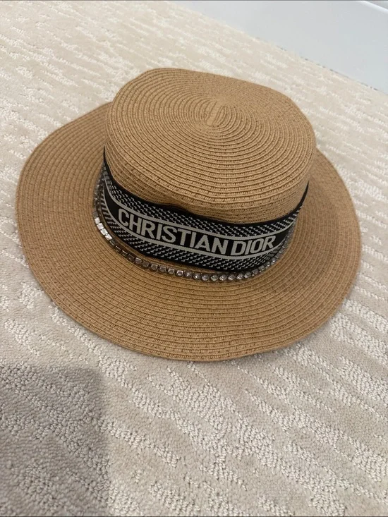 Dior Tan Straw Boater with Navy Christian Dior Band and Crystal Trim