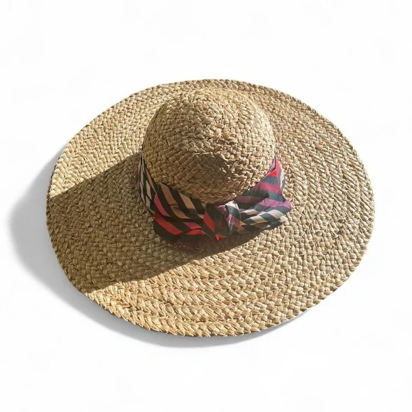 Sonia Rykiel straw hat with stripe bow *flaw* tan beige multicolor vintage y2k