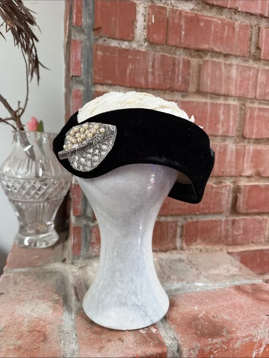 Vintage Black and Ivory Velvet Fascinator Hat with Pearl Leaf Accent