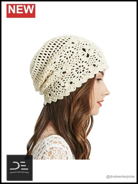 Women's Cotton Crochet Slouchy Beanie Hat Handmade Knit Summer Skull Cap