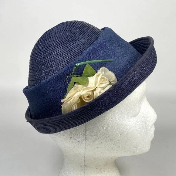 Vintage Navy Blue Ladies Hat Ivory Flower Accent Fabric Band Church Derby