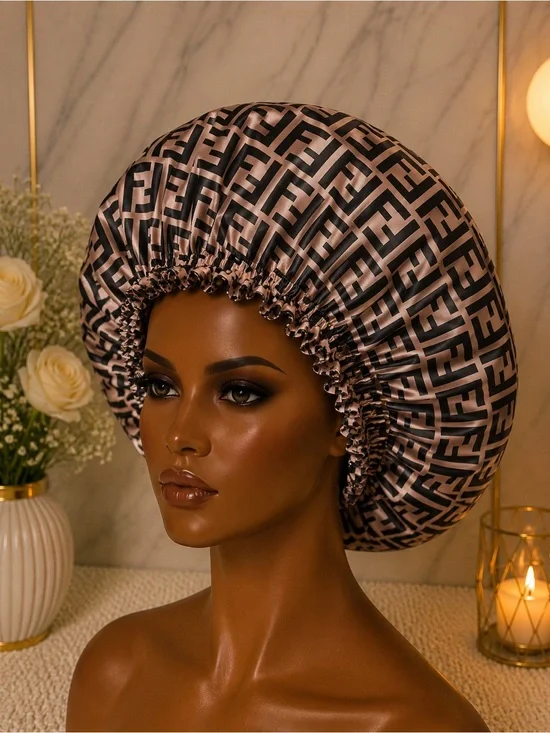 Satin Printed Shower Bonnet in Black & Taupe