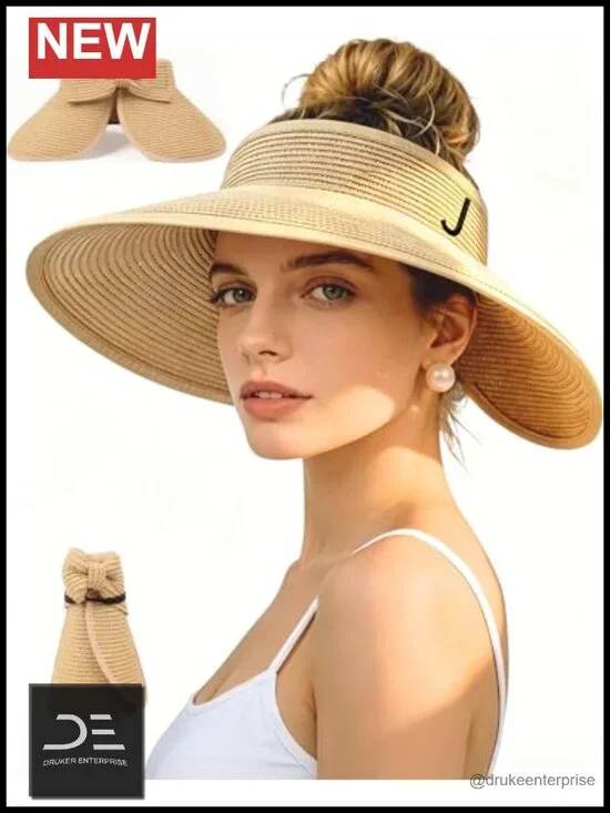 Wide Brim Straw Sun Hat with Ponytail Opening, Foldable UV Protection
