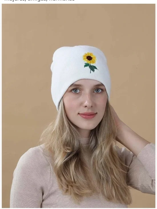 White Sunflower Knit Beanie - Women's Hat