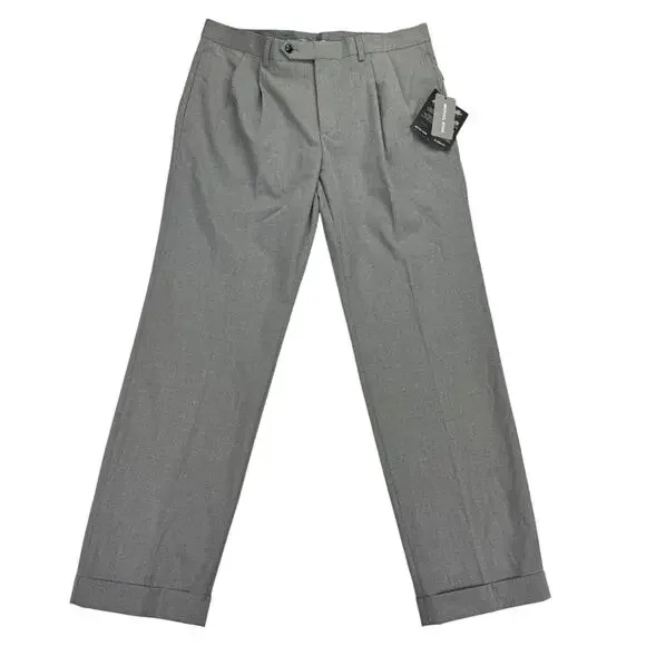 Michael Kors Mens Pleated Cuffed Solid Classic Fit Stretch Pants Gray 33x30