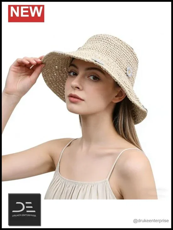 Crochet Bucket Hat Foldable Straw Knit Floppy Sun Bowler Hat for Women
