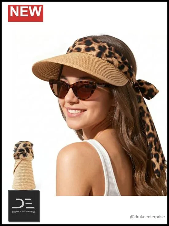 Wide Brim Handwoven Straw Sun Visor with Detachable Ribbon & Chin Strap,