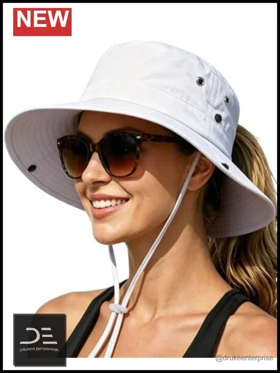 Wide Brim Bucket Hat with Ponytail Hole UPF 50+ Sun Protection for Hiking