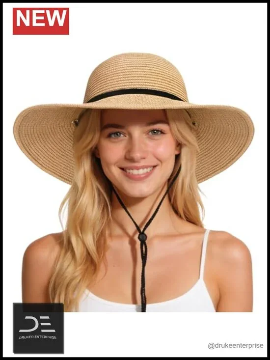 Wide Brim Straw Hat with Chin Strap UPF 50+ Sun Protection