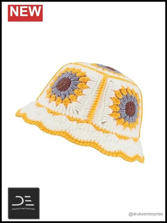 Hand Knit Crochet Bucket Hat for Women Foldable Floral Sun Hat