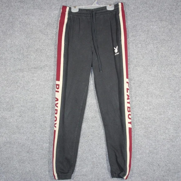 Playboy Sweatpants Mens Small Black Preppy Rare‎ Striped Pockets Rabbit