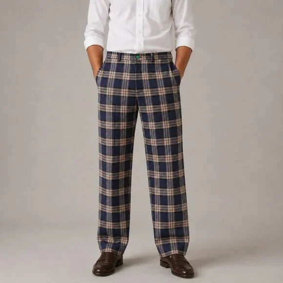 Mens 32 Navy Tan Plaid Dress Pants Straight Fit Flat Front Cotton Trousers NWT