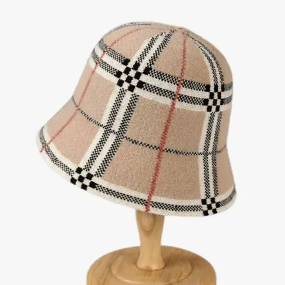 NEW! *French-Girl Chic* Khaki Plaid Faux Cashmere Designer-Style Bucket Hat
