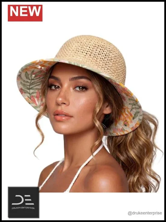 Hand Crochet Straw Sun Hat with Cooling Sweatband UPF 50+