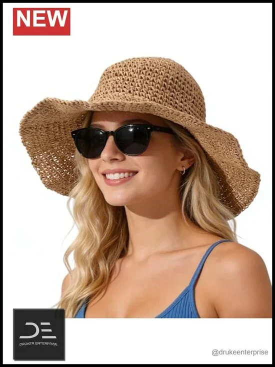 Womens Floppy Wide Brim Paper Straw Sun Hat Foldable Packable Beach Travel