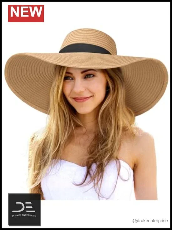 Oversize Wide Brim Straw Beach Hat Floppy Foldable Roll-Up UPF 50+ Sun Hat