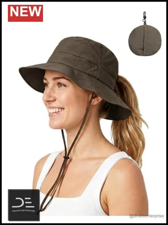 Women's UPF50+ Waterproof Bucket Hat with Hidden Ponytail Hole, Packable