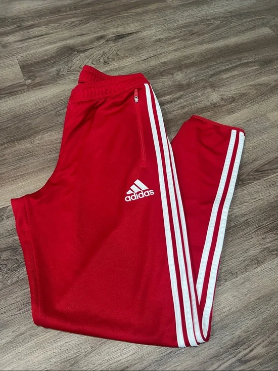 adidas Mens Red Joggers with White Triple Stripes