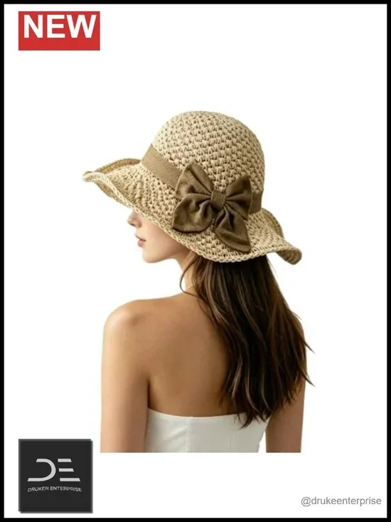 Vintage Bowknot Straw Cloche Hat with UV Protection Floppy Sun Hat Roll Up