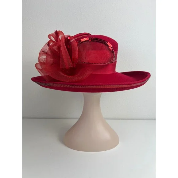 Vintage Deborah Fashions Red 100% Wool Church Formal Derby Wide Brim Hat USA