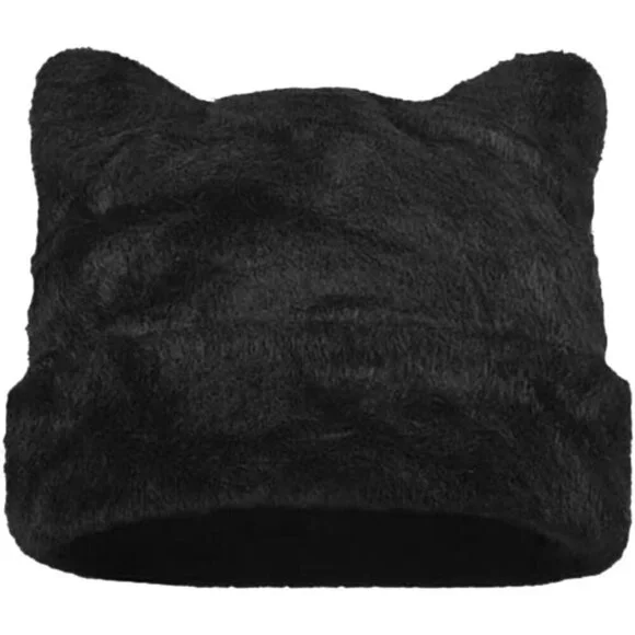 Women's Black Winter Beanie Hat Cute Cat/Bear Ear Hat with Internal Support
