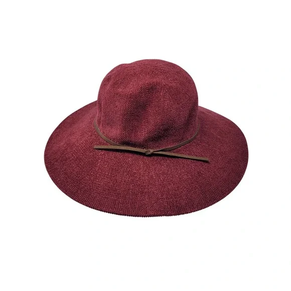 Maroon Burgundy Wide-brim Floppy Hat Knit Faux Leather Band Adjustable‎ Boho