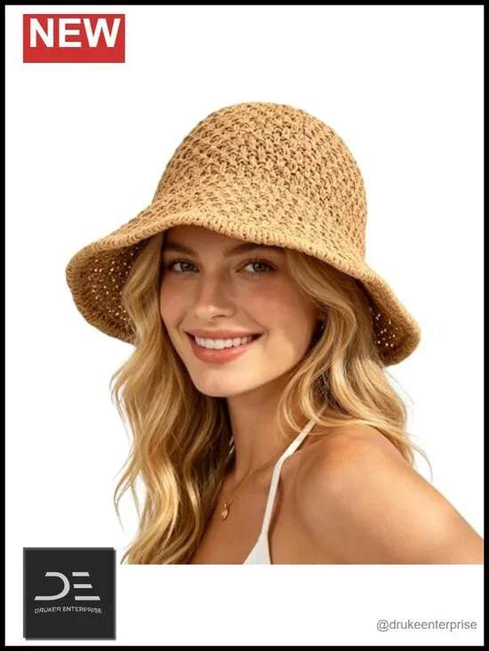 Straw Sun Hat Floppy Crochet UV Protection Bucket Hat Foldable Packable