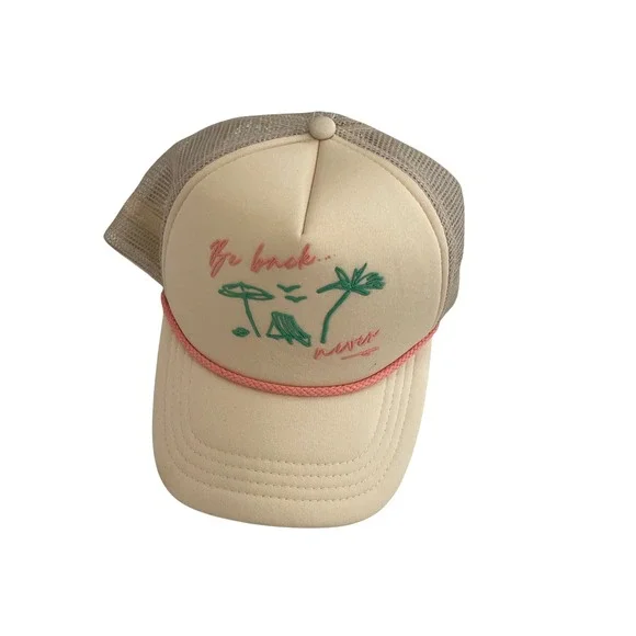 Anthropologie Be Back Never Trucker Hat Cream Mesh Snapback Beach Palm Tree Cap