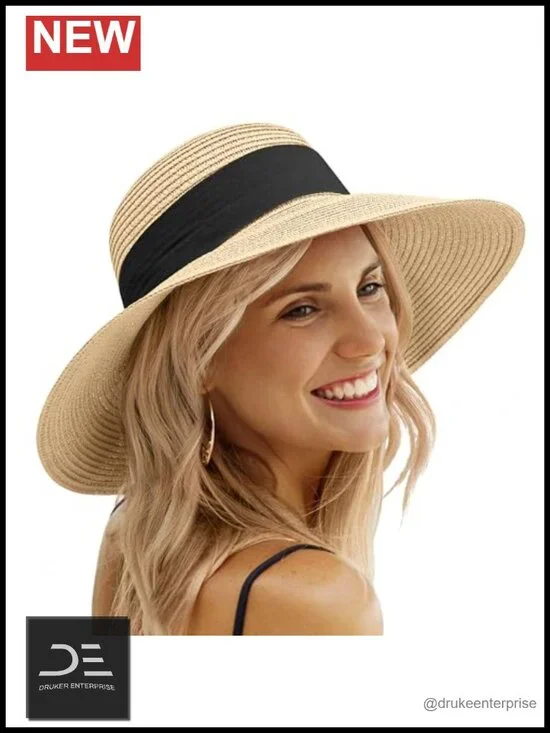 Wide Brim Straw Sun Hat with Chin Strap, Foldable UV Protection