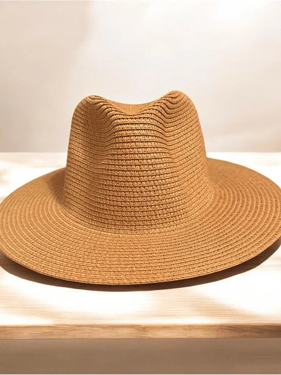 Wide Brim Straw Fedora Hat - Camel