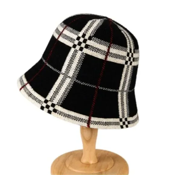 NEW! *French-Girl Chic* Black Plaid Faux-Cashmere Designer-StyleBucket Hat