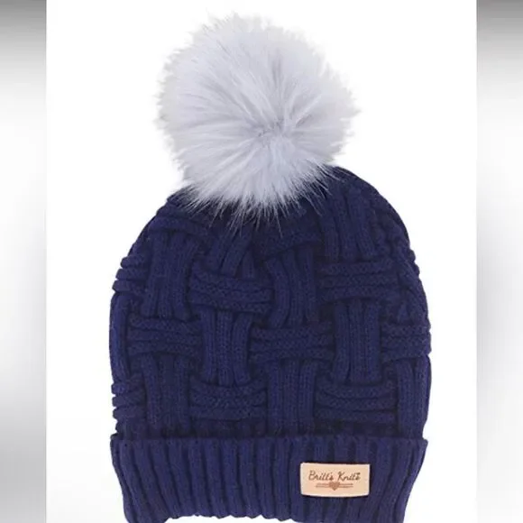 Britt's Knits Dark Blue Plush Lined Knit Pom Hat & Button Accent Gloves OS EUC!