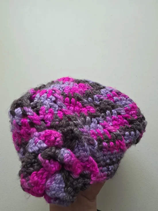 Handmade Crocheted Beret In Hot Pink, Lavender & Gray