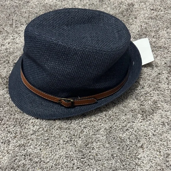 Women’s Navy Straw Trilby Hat with Brown Leather Band