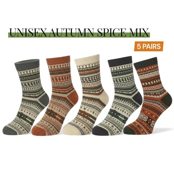 Autumn Spice Retro‎ Mid-Calf Socks 7-10 NEW 5pc Pack Unisex Anti-Slip Elastic