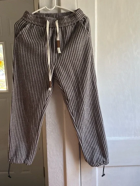 Amazon Brown & White Striped Men's Drawstring Joggers with Toggle Cuffs