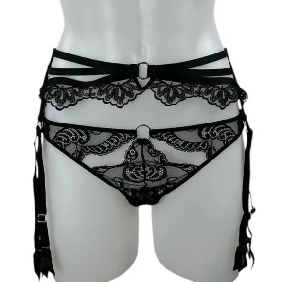 Aubade Women's Black Lace Sheer Corset Garter Belt Waist Cincher Lingerie Size S