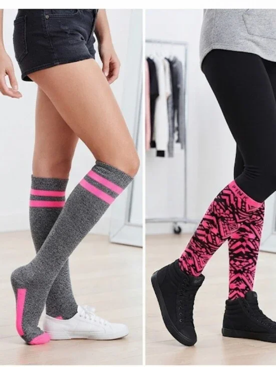 VS Pink 2 Pair Knee High Socks Bundle - Gray/Pink & Black/Pink Tribal Print