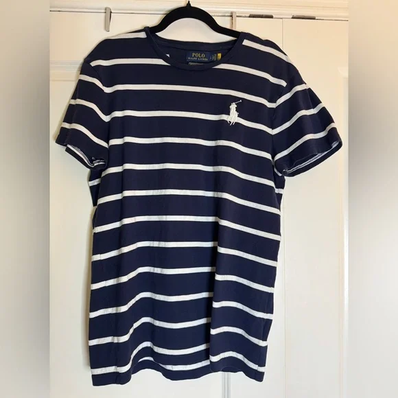 Polo Ralph Lauren Striped T Shirt USA Made‎ Olympic Men L Navy White