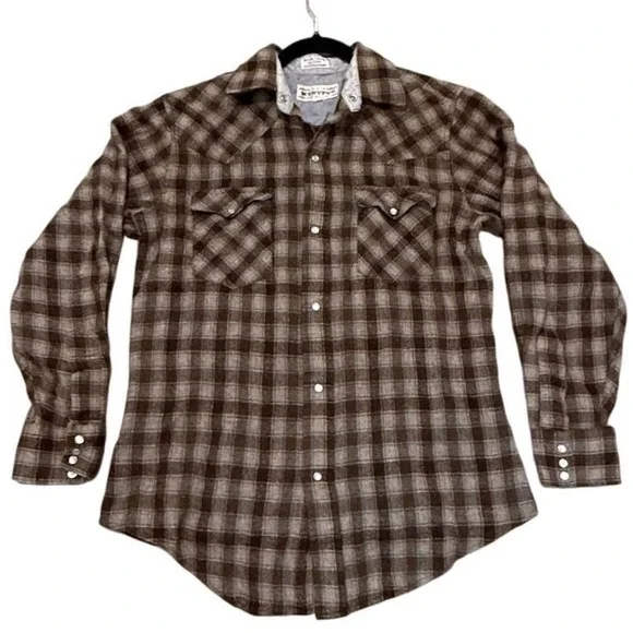 Vintage Mervyn's Men Wool Blend Western Pearl Snap Flannel Shirt Brown Plaid Med