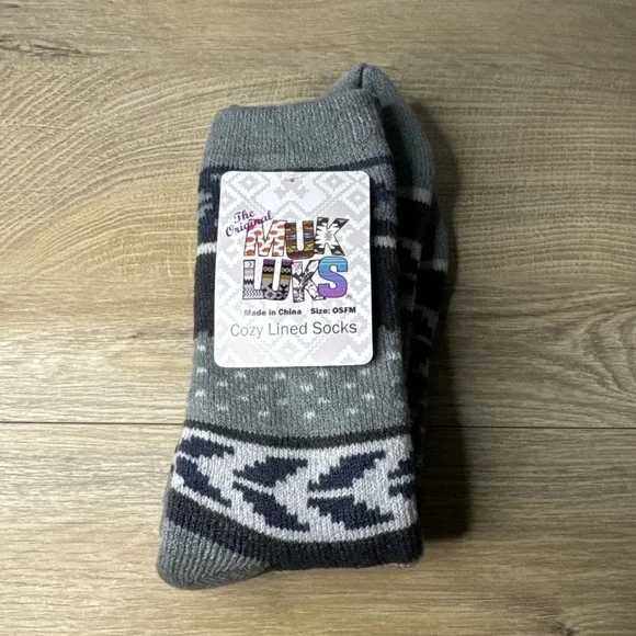 MUK LUKS Cozy Lined‎ Socks Gray Fair Isle One Size Fits Most Lounge Comfy