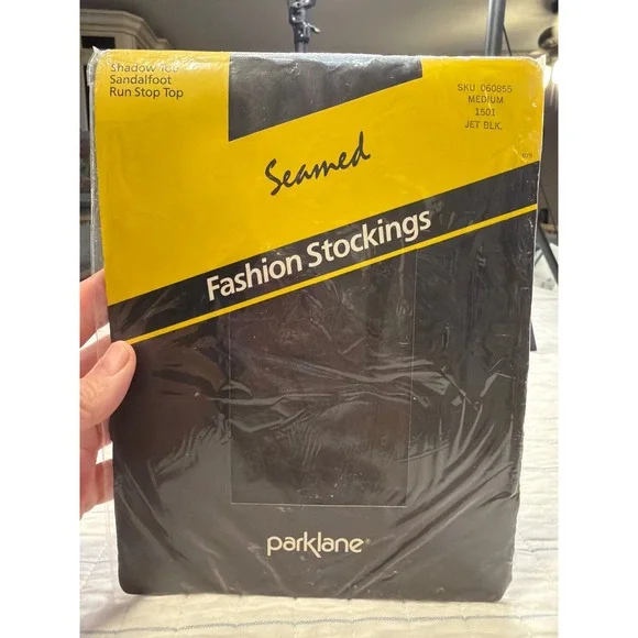 Vintage Parklane Seamed Thigh High Stockings Jet Black Medium NOS Made USA