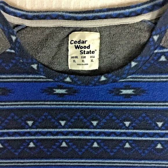 Cedar Wood State Mens XL Blue‎ Aztec Fleece Raglan Long Sleeve Pullover Shirt